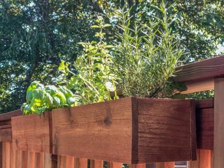 wood planter box attached to deck railing