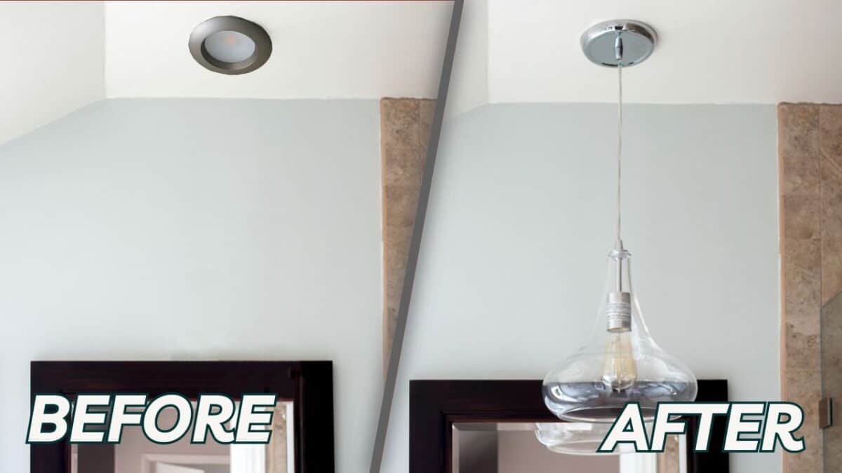split screen before and after of bathroom with and without the recessed light and pendant light