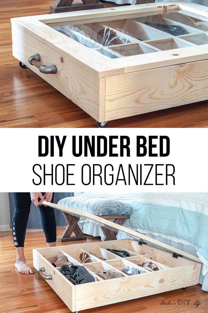 collage of DIY under bed shoe organizer with text overlay