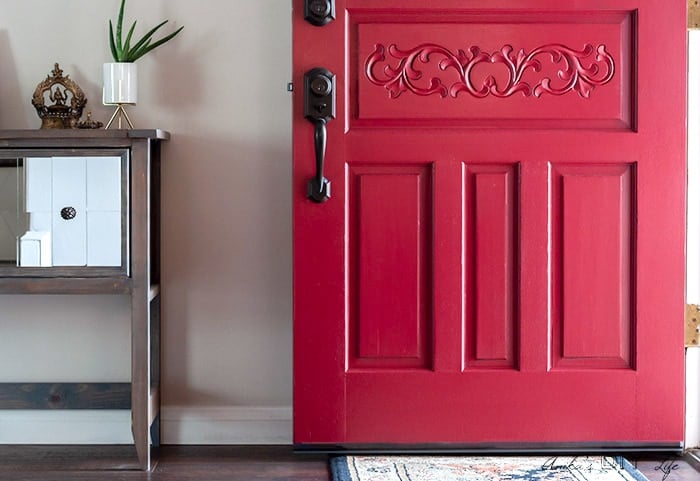 Close up bottom of red front door after DIY Front door makeover