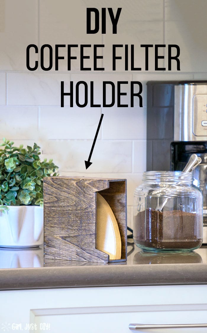 DIY Coffee Filter Holder next to coffee pot topped with coffee canister with text overlay