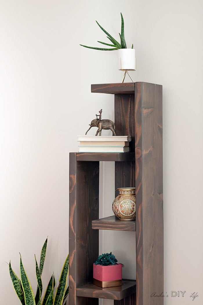Close up of top of bookshelf with decorations