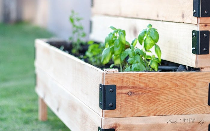 Close up of corner of off the ground vegetable bed with legs