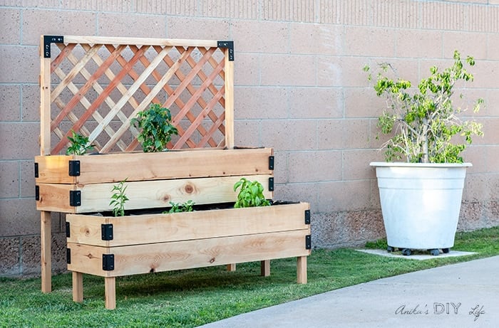 DIY Tiered raised vegetable bed with legs and trellis in backyard with vegetable plants