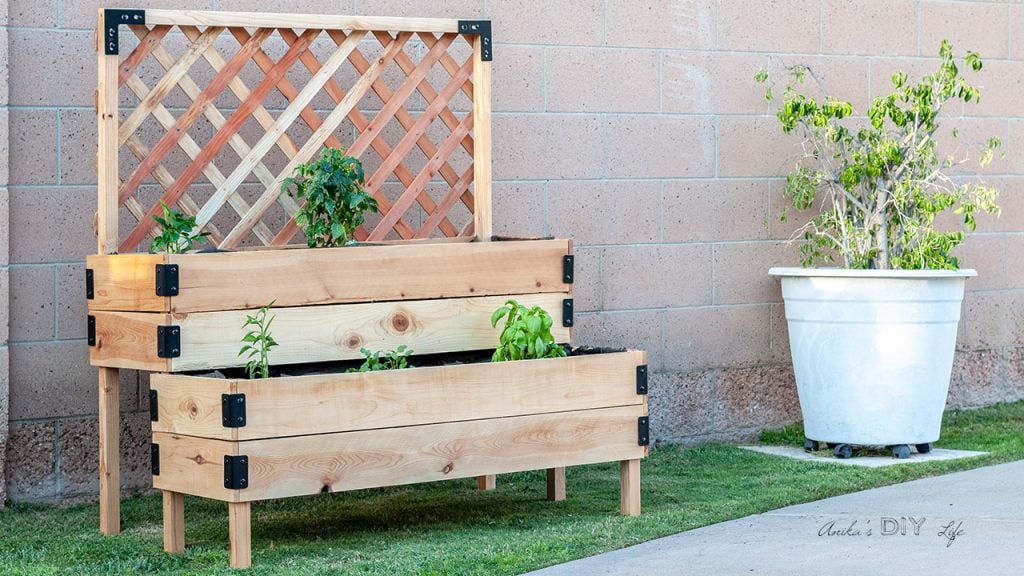 DIY Tiered raised vegetable bed with legs and trellis in backyard with vegetable plants