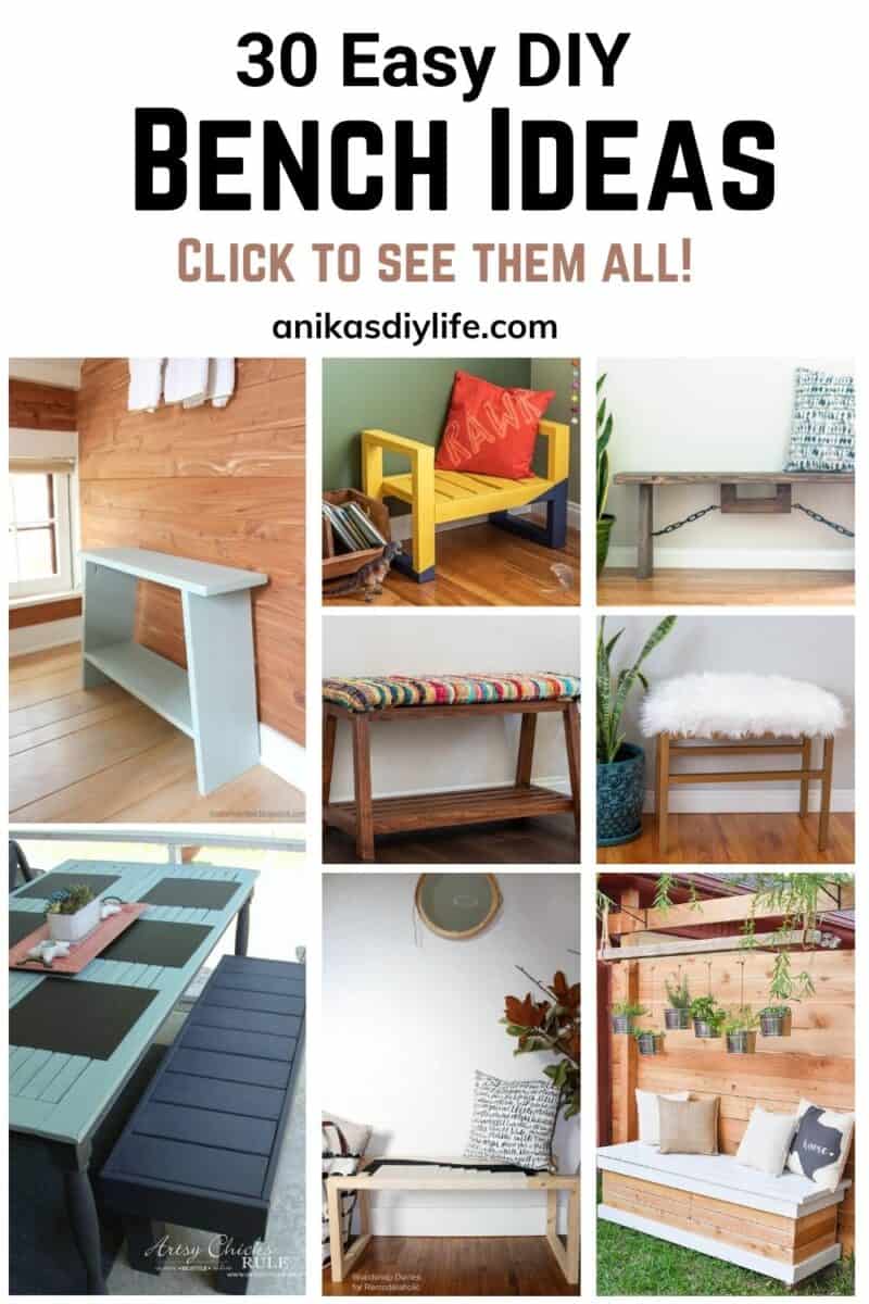 Image collage of eight DIY bench ideas with text overlay