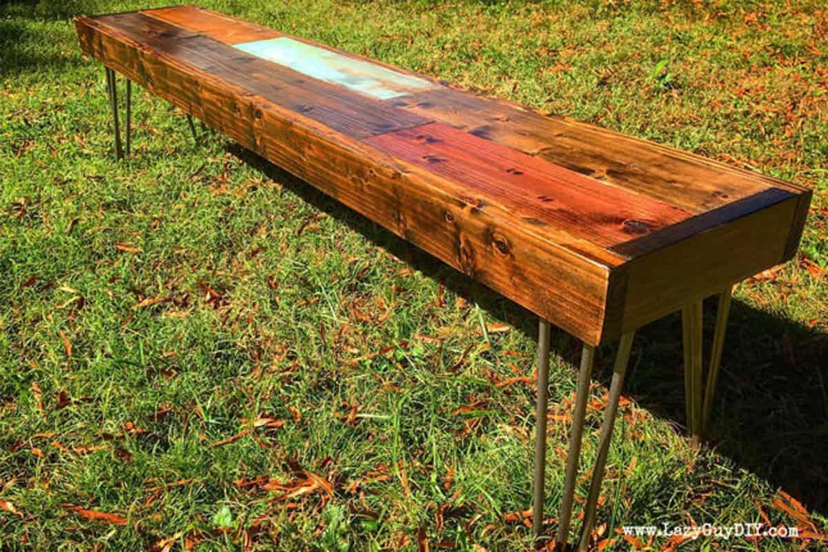 Easy DIY wood bench with hairpin legs stained