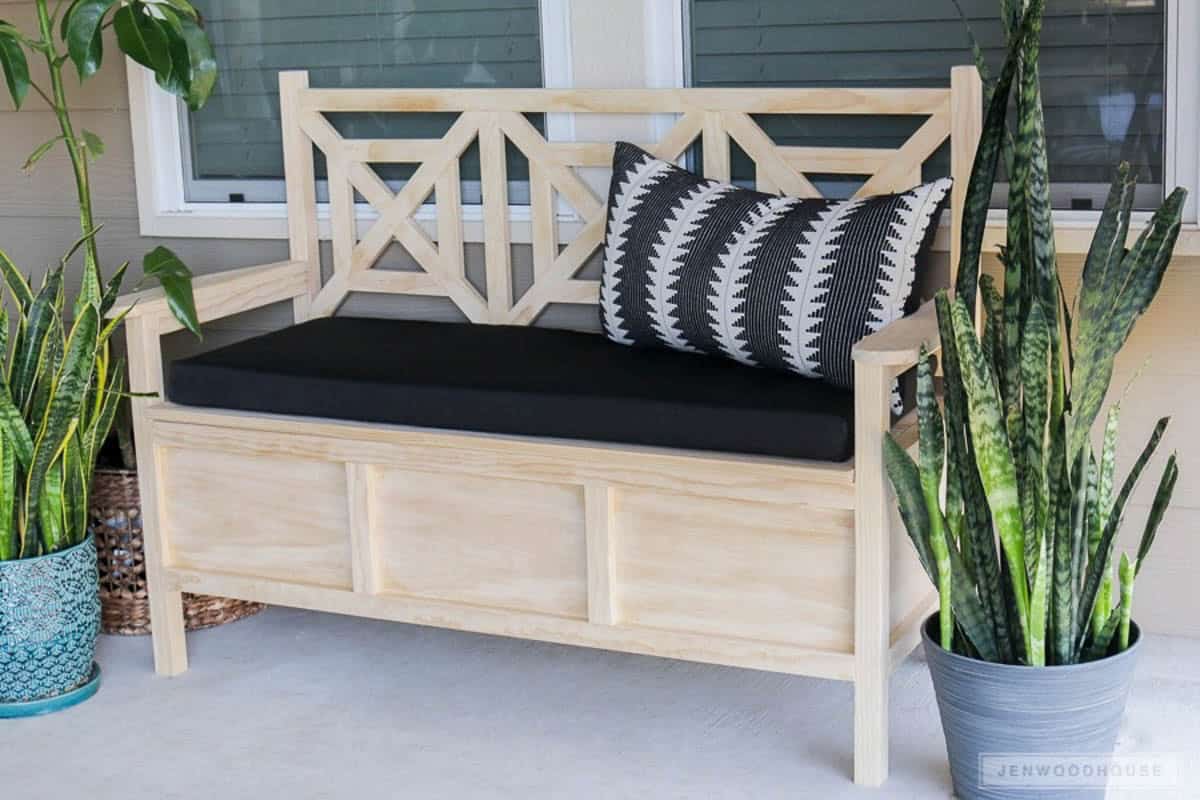 DIY outdoor bench with arms and back with cushion
