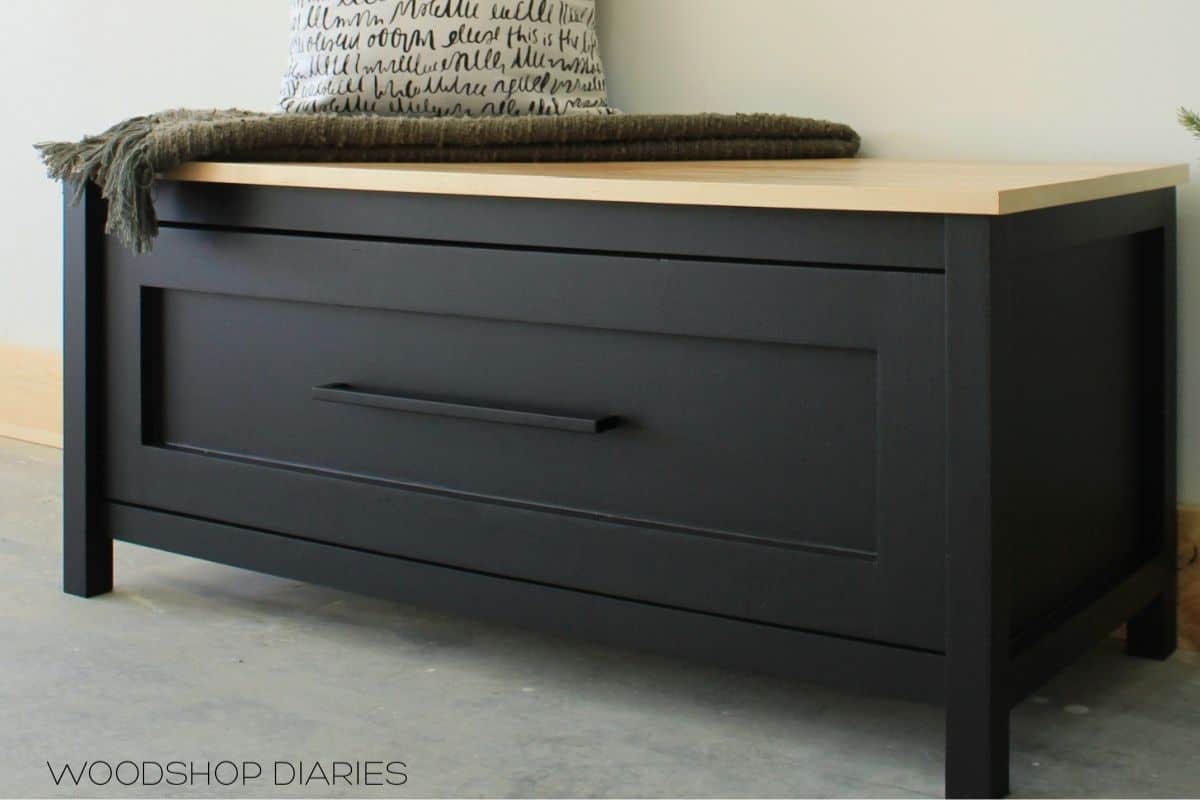 two-toned bench with painted black base drawer and natural wood top