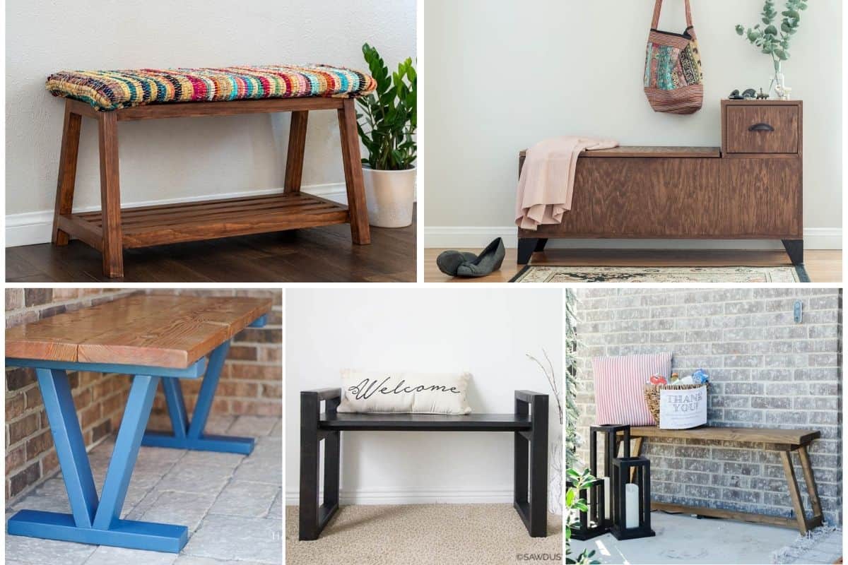 Image collage of five DIY bench ideas