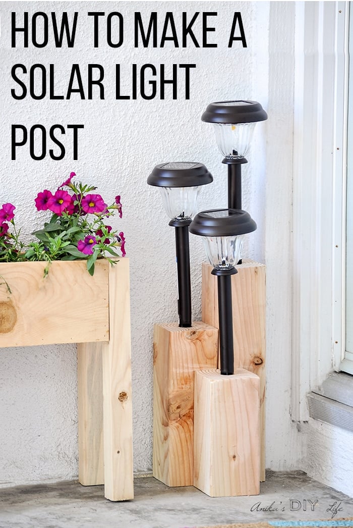 4x4 DIY solar light post at front door next to planter with text overlay