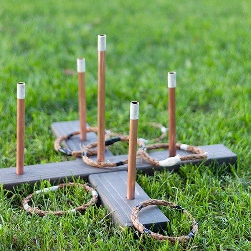 Learn how to make a simple DIY ring toss game with step by step tutorial, printable instructions, and video. This classy take on the traditional carnival game is also easy to dismantle and store away when not in use.