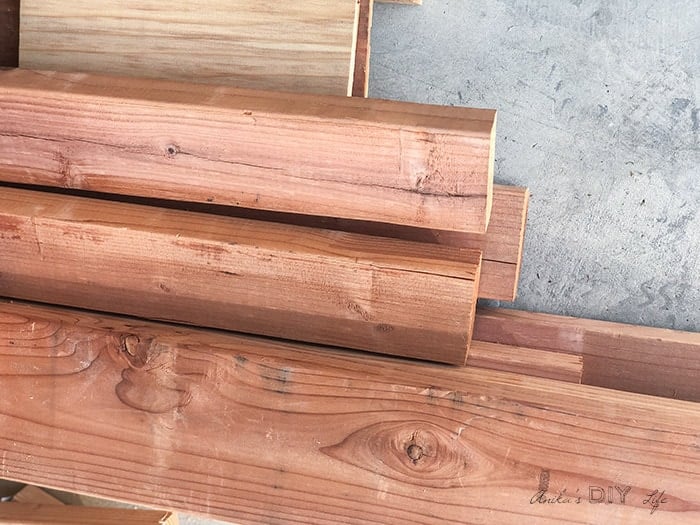 Redwood lumber on the floor.