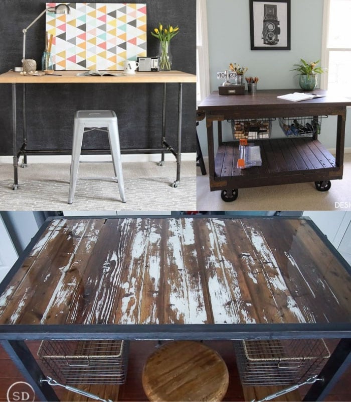Collage of DIY industrial craft tables and desks