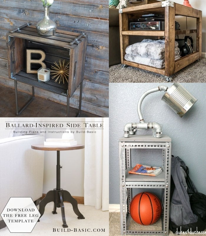 collage of DIY industrial end table ideas