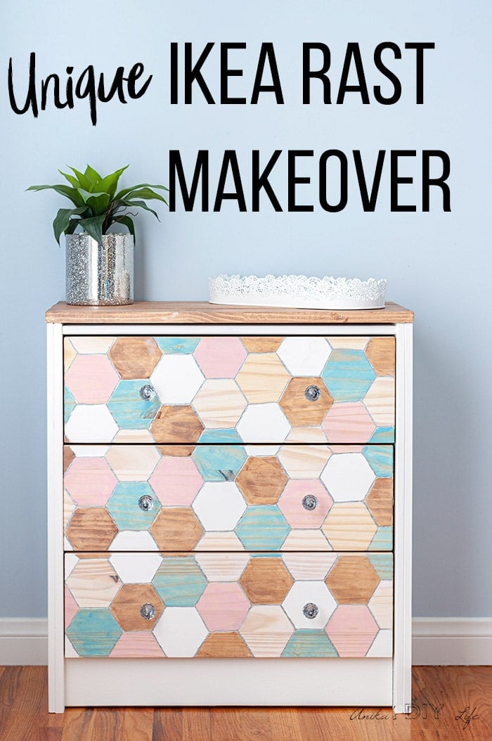 Colorful Ikea Nightstand makeover with engraved honeycomb structure and text overlay