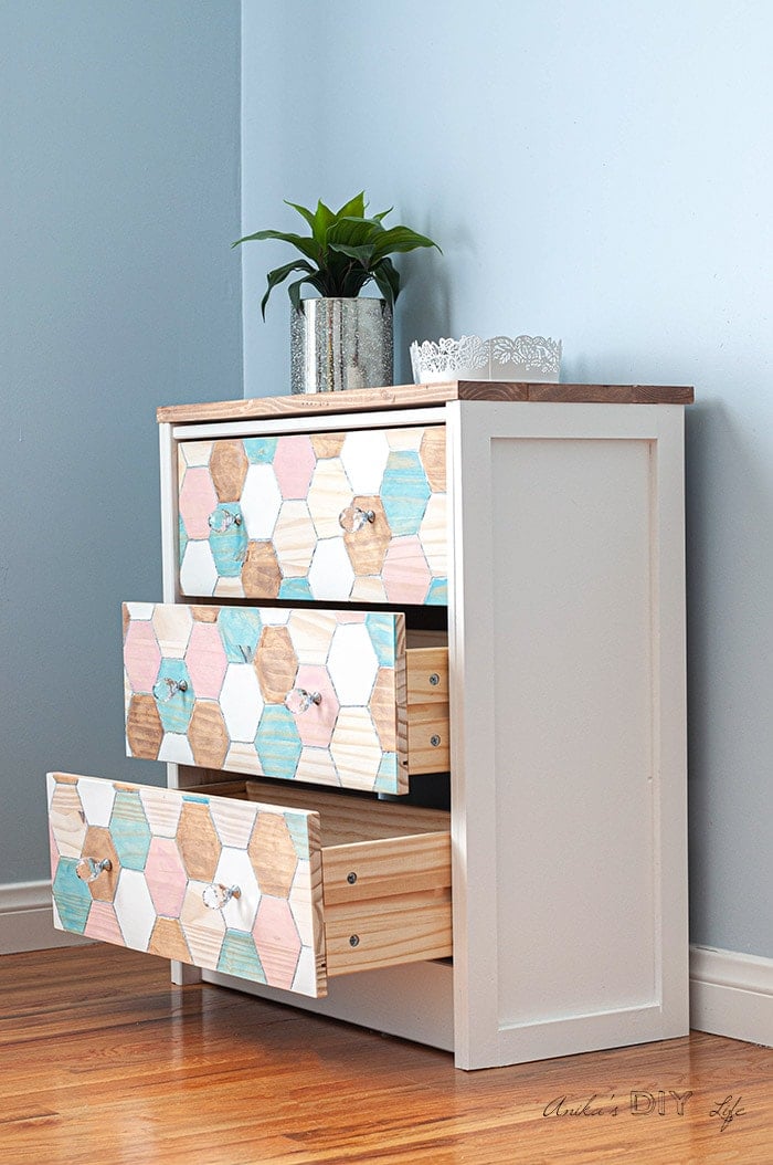 Side view of the Ikea Rast makeover with the drawers open