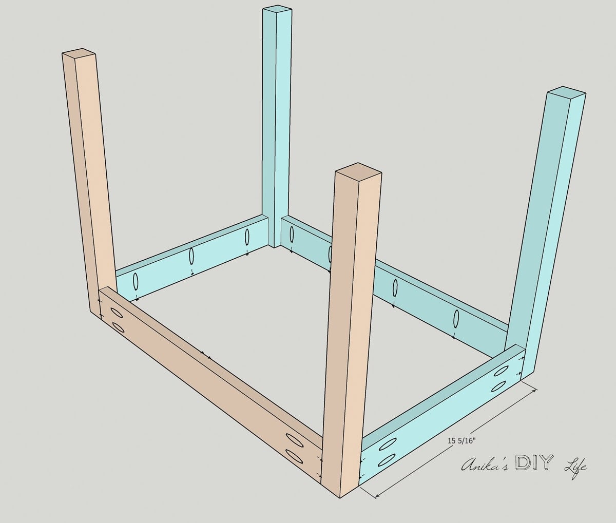 Schematic of assembling the leg frame with all dimensions marked