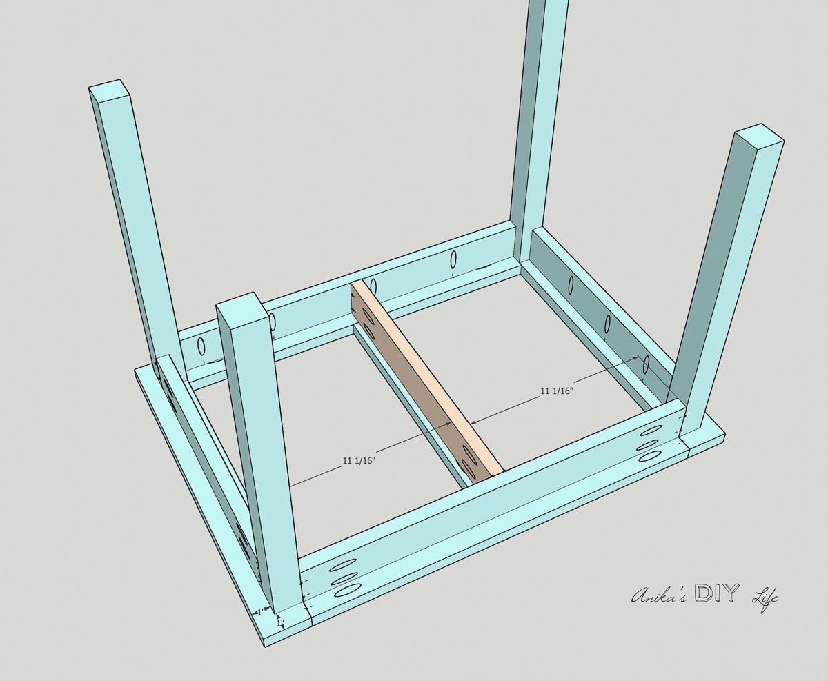 Schematic of attaching the top to the legs using pocket hole screws.