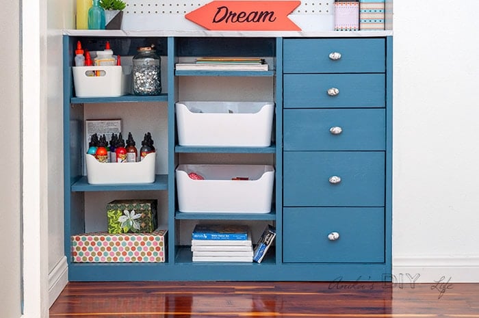 close up view of the DIY closet organizer