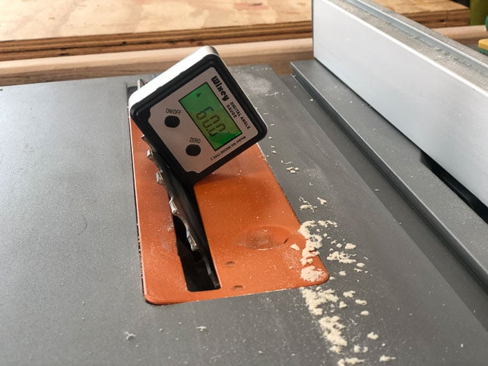 setting up the table saw blade to cut angles for a DIY hexagon table