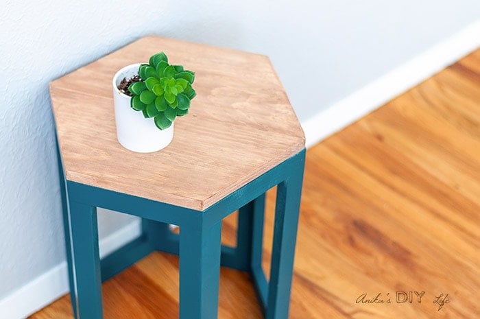Close up of the DIY Hexagon end table with small plant on top