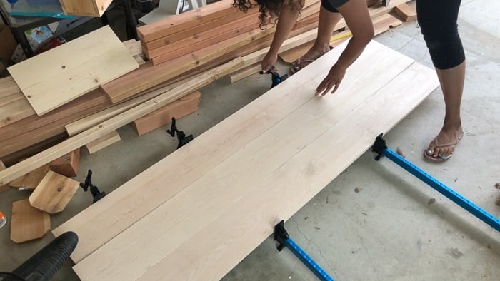 gluing up panels to make a table top for the DIY dining table