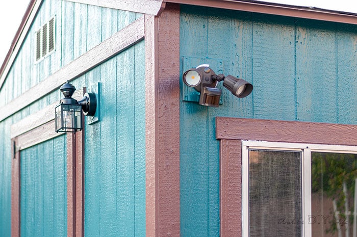 Close up of lights used on the shed after the makeover