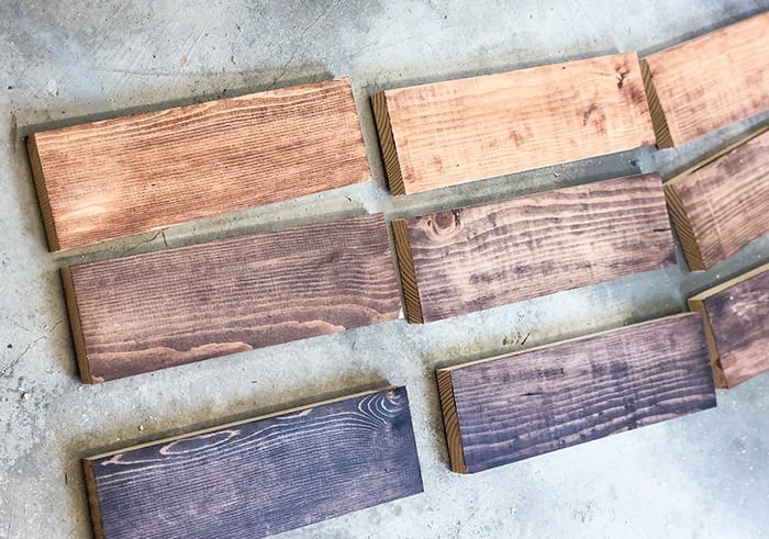 boards for sides of nightstand stained in various colors