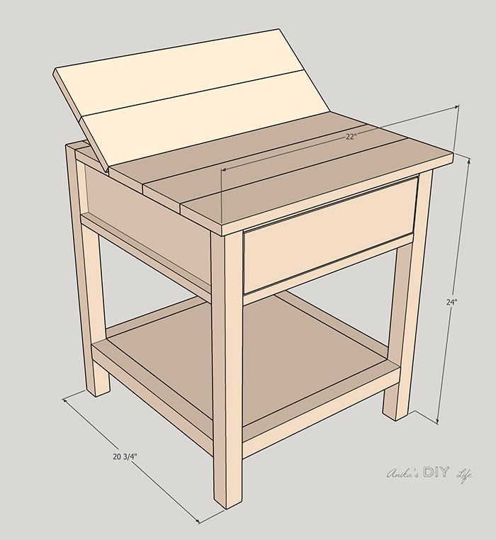 Schematic of DIY charging nightstand with bottom shelf