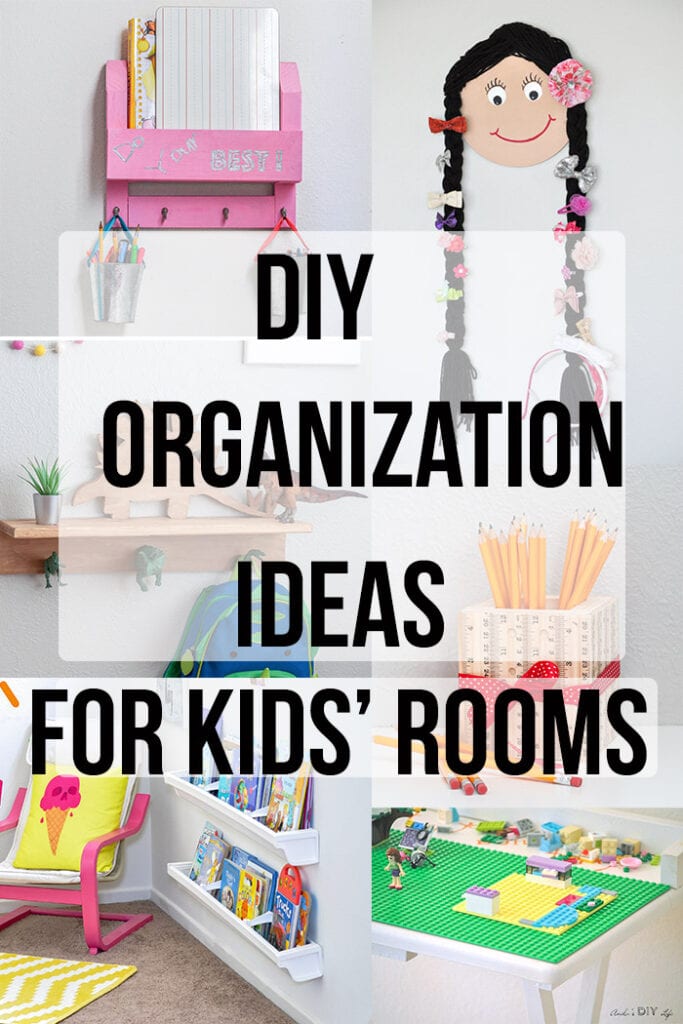 Collage of kids room organization ideas with text overlay