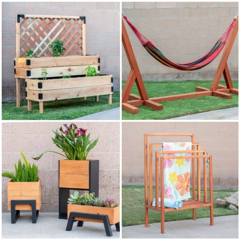 Image collage of four DIY outdoor woodworking project ideas