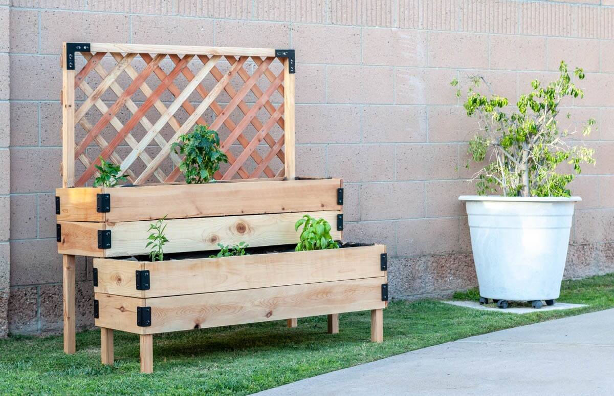 DIY Tiered raised vegetable bed with legs and trellis in backyard with vegetable plants