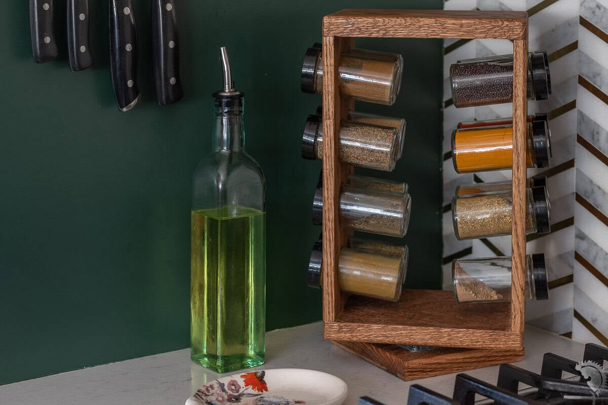 Another view of the wooden DIY rotating spice rack