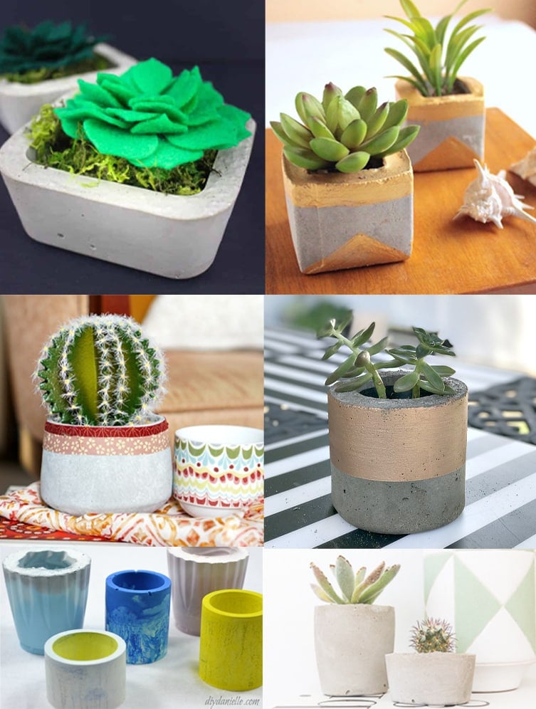 Collage of 6 DIY mini concrete planter