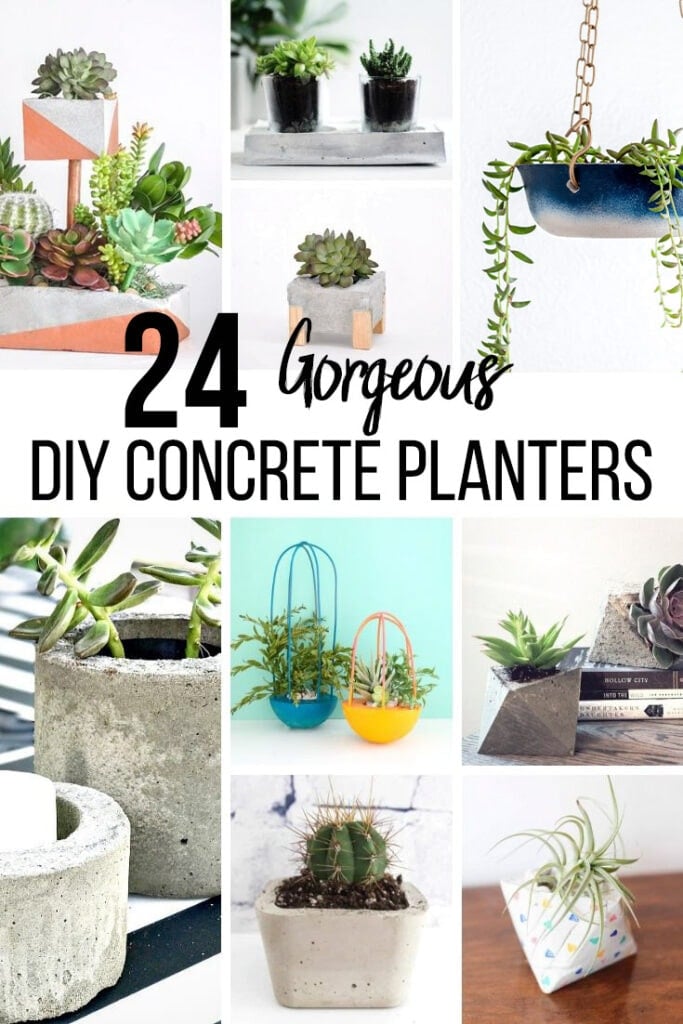 collage of DIY concrete planters with text overlay