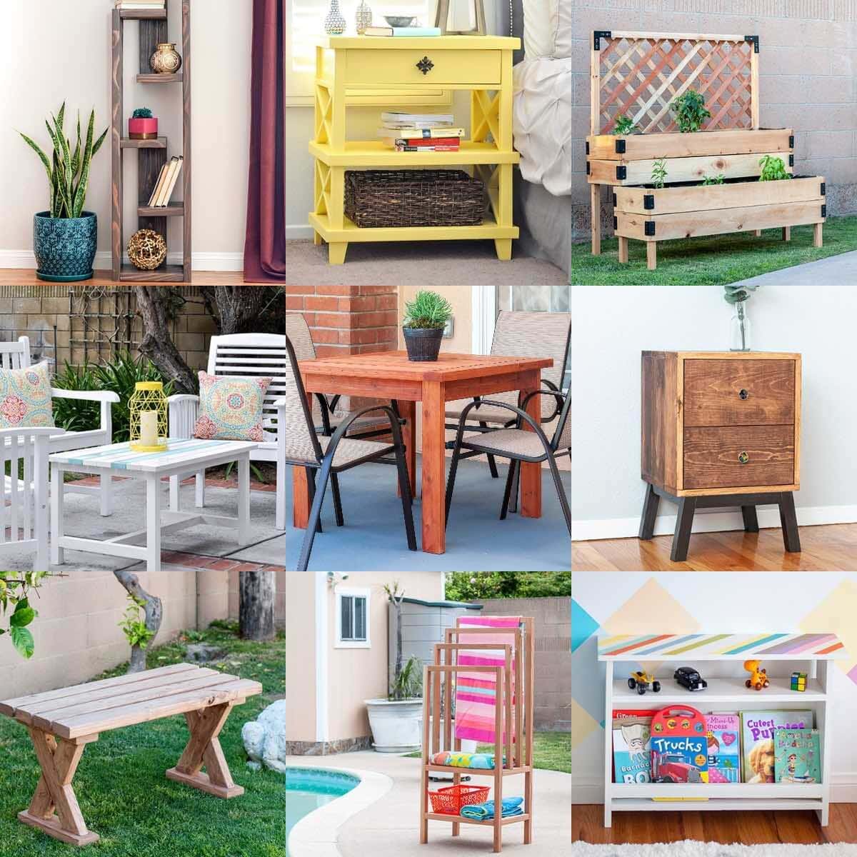 image collage of nine beginner projects you can make using a Kreg Jig