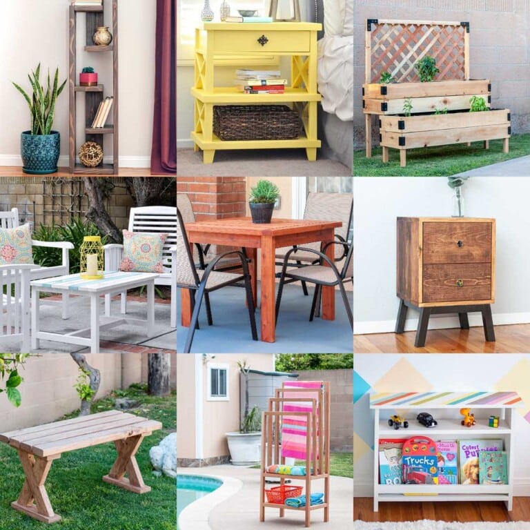 image collage of nine beginner projects you can make using a Kreg Jig