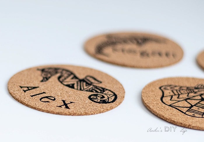 Close up look at the DIY cork coasters using iron vinyl