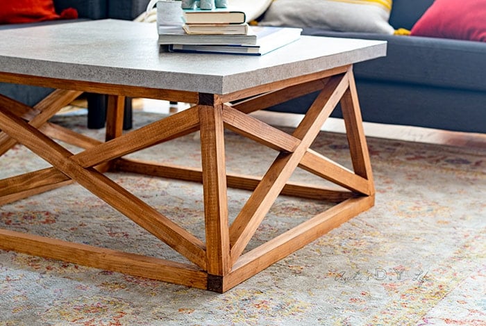 side view of the angled legs of the DIY coffee table