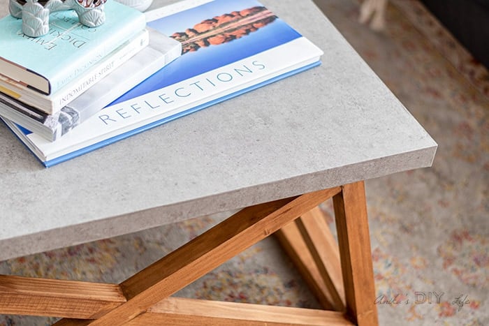 close up of the concrete contact paper on coffee table