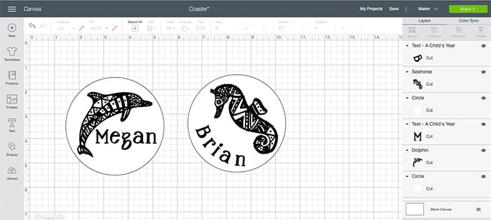 screenshot of Cricut design space with coaster tutorial
