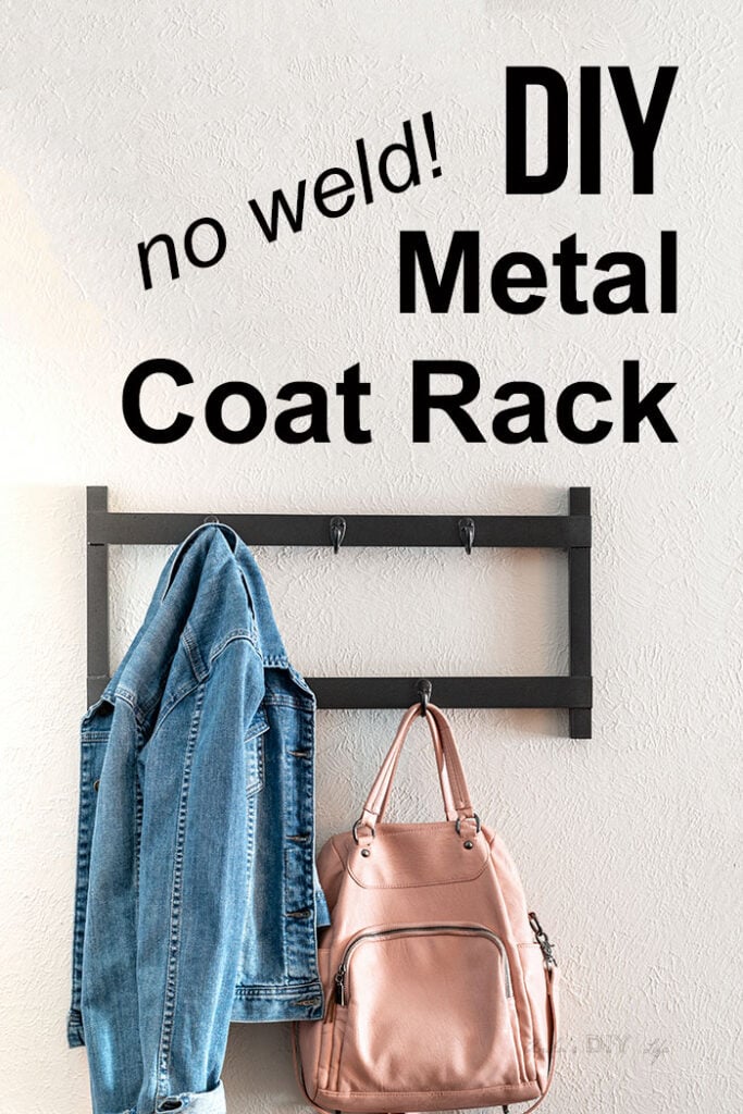 DIY metal coat rack on wall with jacket and bad and text overlay