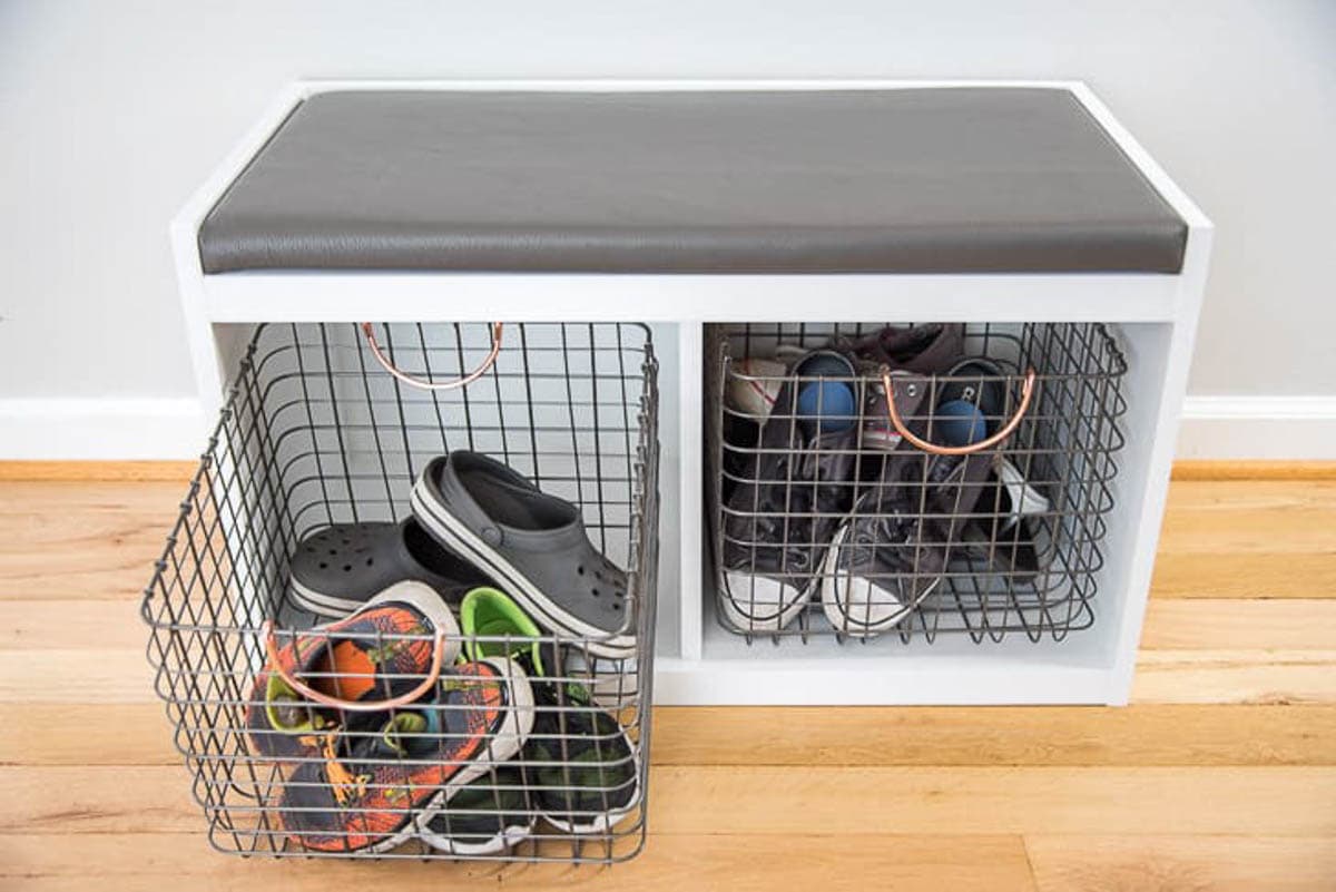 DIY shoe organizer entry bench with organizing wire bins