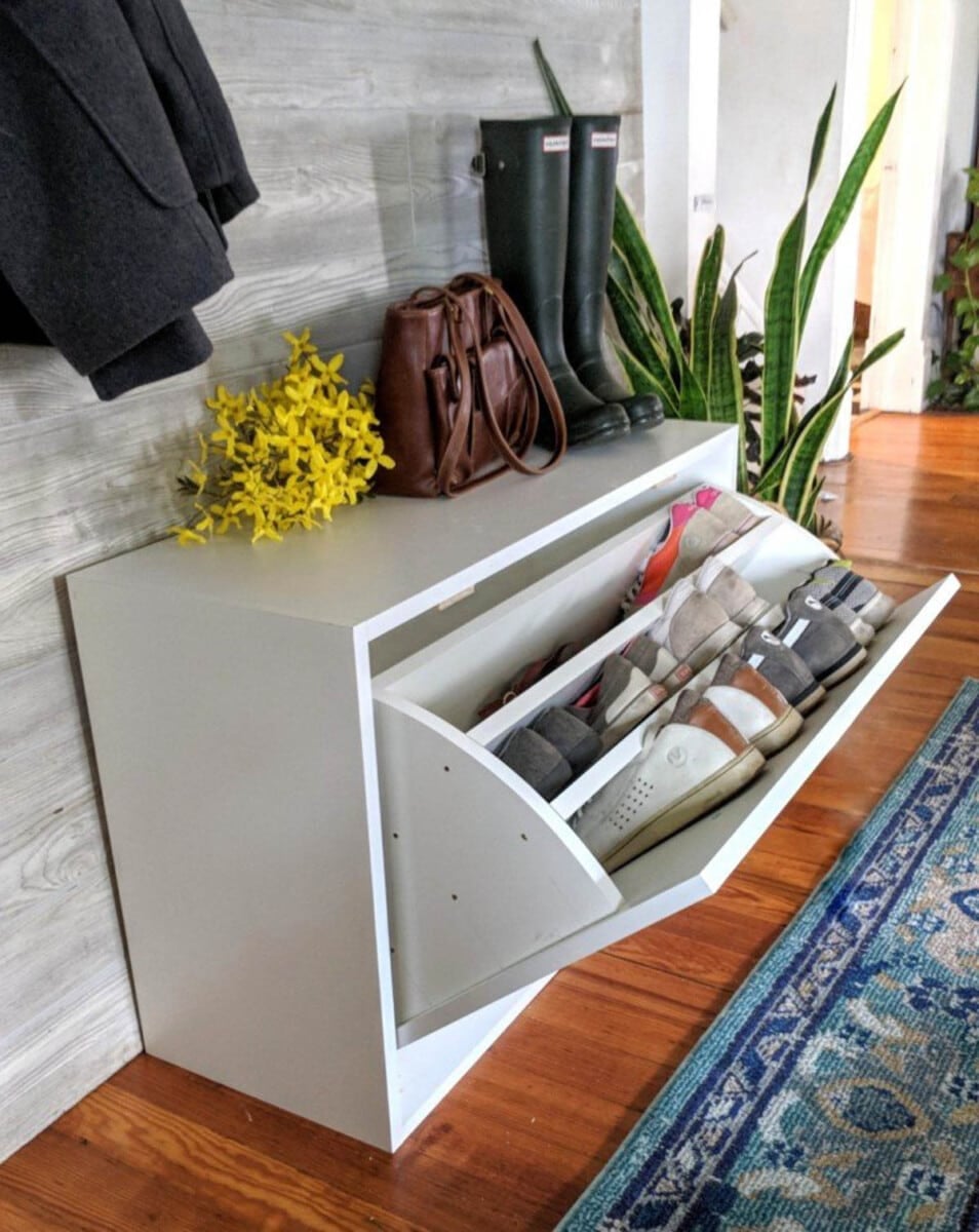 Shoe organizing ideas using a cabinet with tilt-out drawer for storing shoes