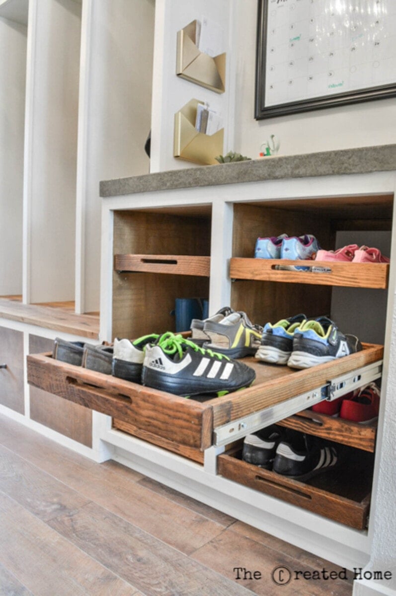 DIY pull out drawers in an entryway for shoe organizing