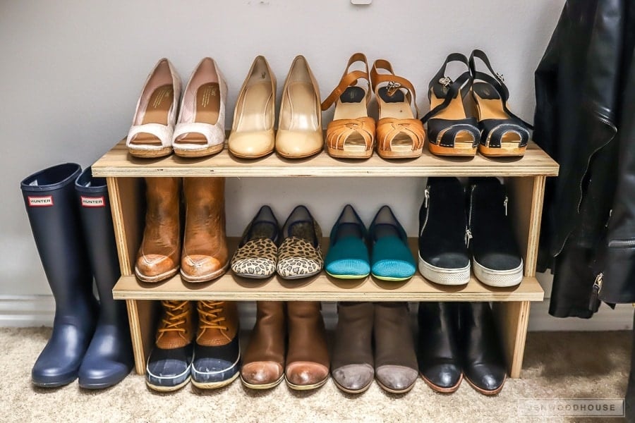 DIY shoe organizer ideas using plywood for a tiered shelf in the closet