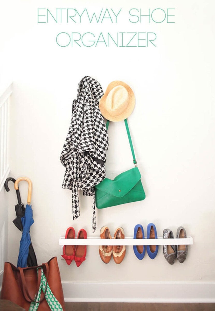 wall mounted DIY shoe organizing idea