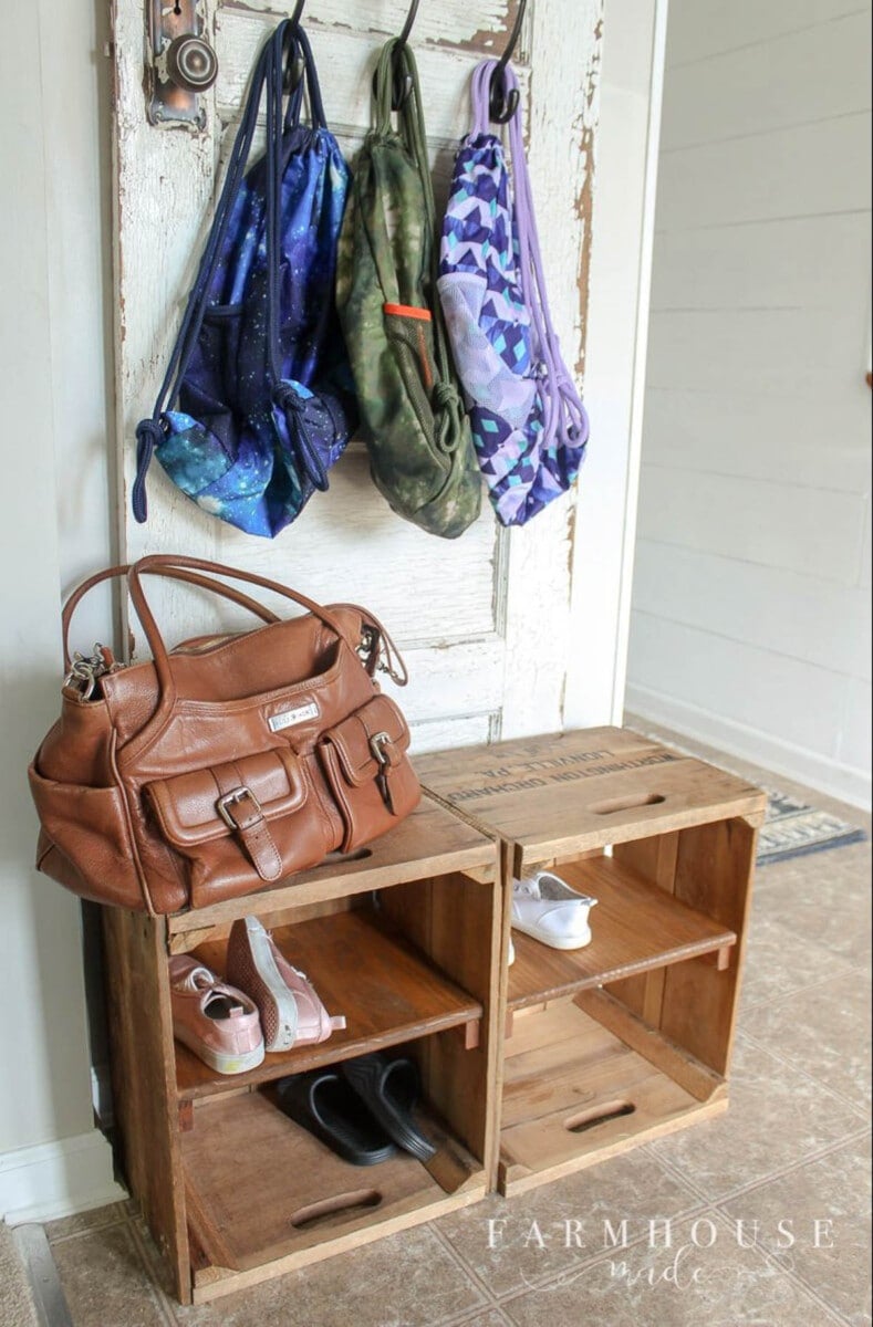 Crates used for DIY shoe organizing ideas