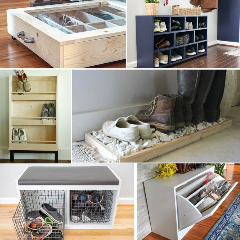 image collage of six DIY shoe storage ideas